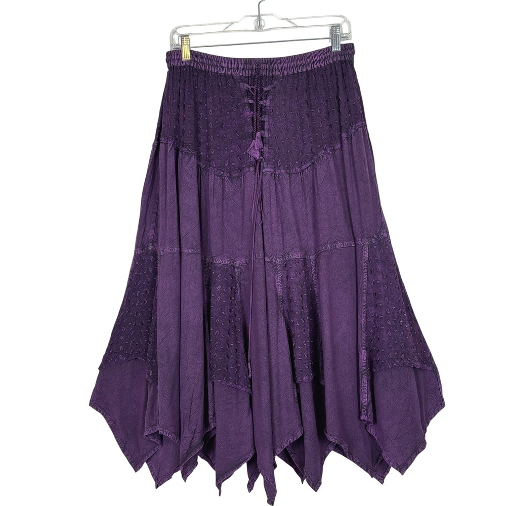 Boho Handkerchief Hem Midi Skirt Purple Rayon Festival Gypsy Fairy Free Size M - Picture 2 of 11
